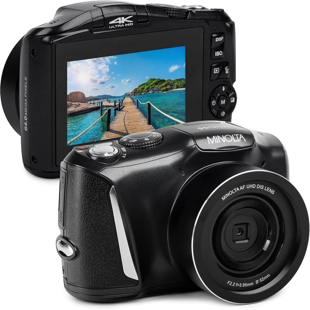 Minolta MND55 64MP VLOG Digital Camera, 4K 60FPS Video, 16X Zoom Black, Bundle